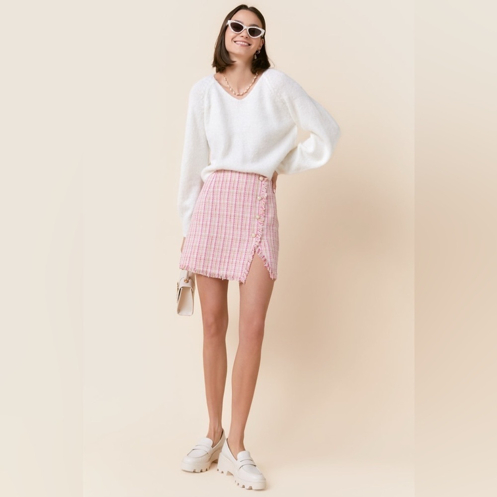 NWT Francesca’s Blue Rain Pink Plaid Tweed Mini Skirt Size: Medium